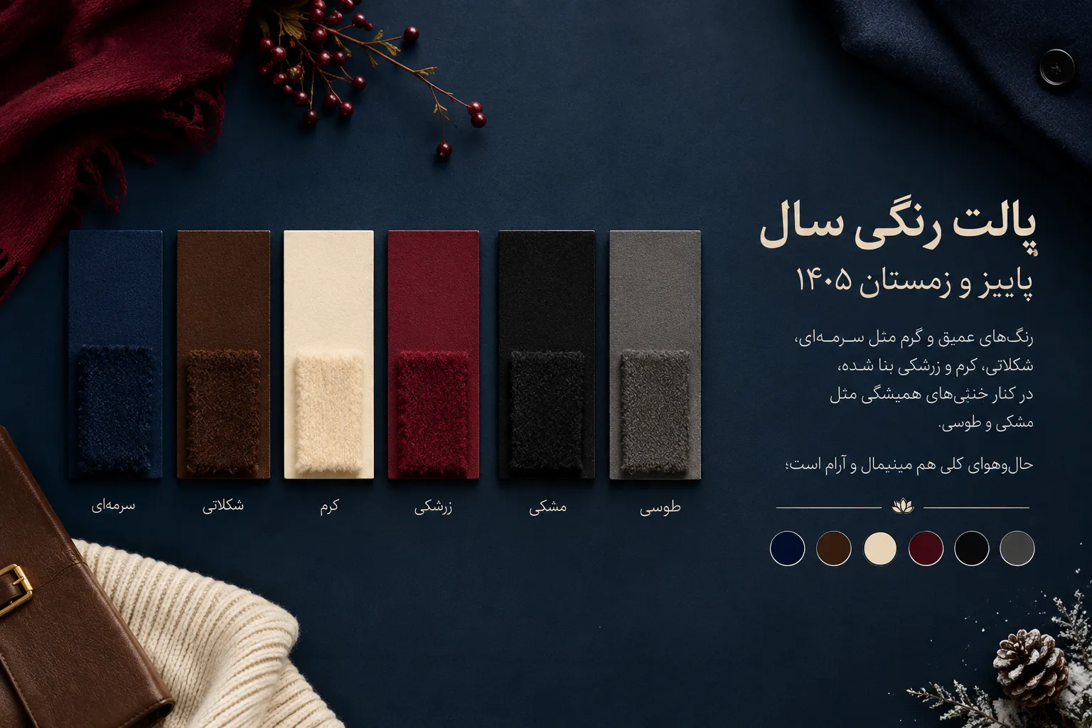 پالت رنگی سال پاییز و زمستان ۱۴۰۵ شامل سرمهای، شکلاتی، کرم، زرشکی، مشکی و طوسی - گلاره جواهرزاده