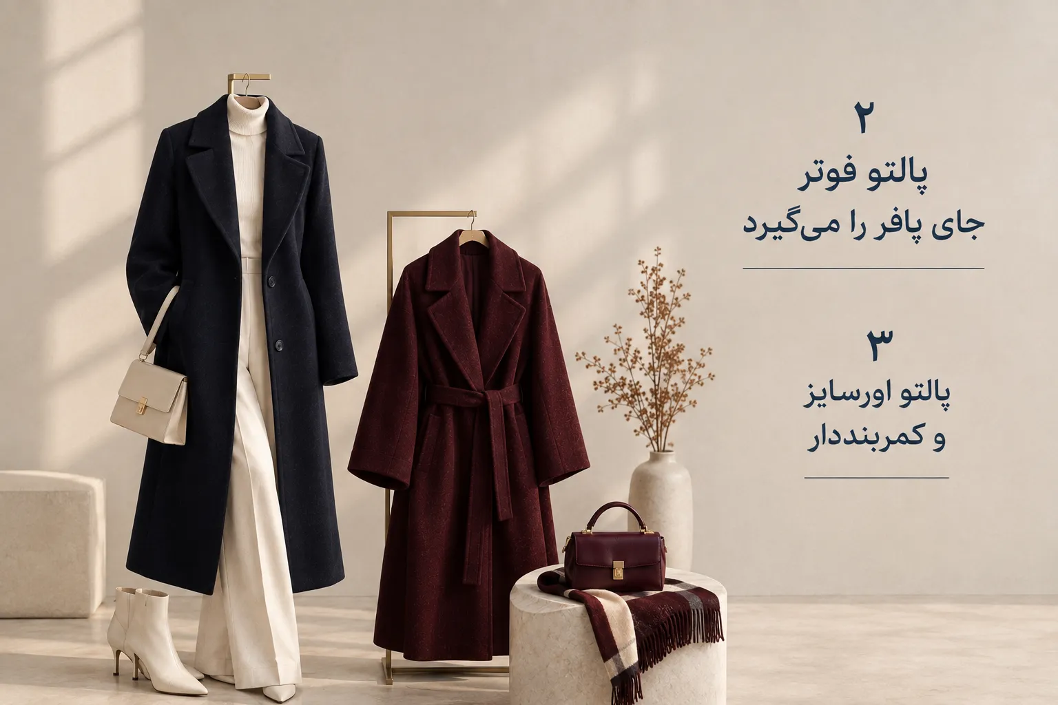 ترند پالتو فوتر و پالتو اورسایز کمربنددار پاییز و زمستان ۱۴۰۵ در رنگ سرمهای و زرشکی - گلاره جواهرزاده